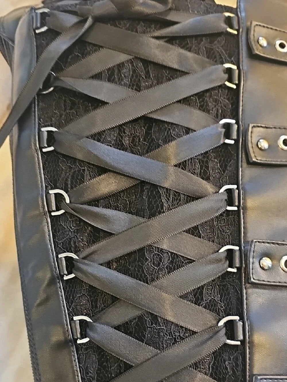 Black Knee High Lace-Up Heeled Boots with Buckle Straps